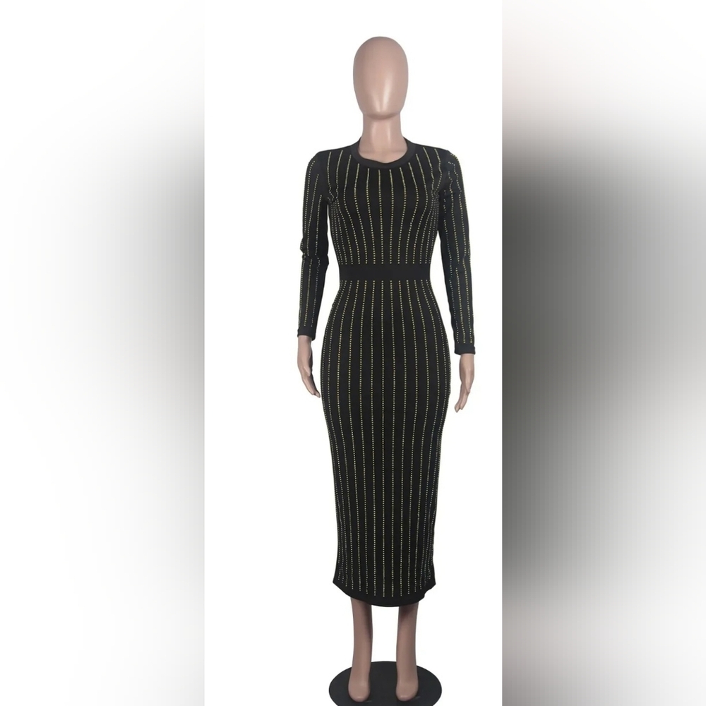 Elegant Black Long Sleeve Beaded Party Dress.